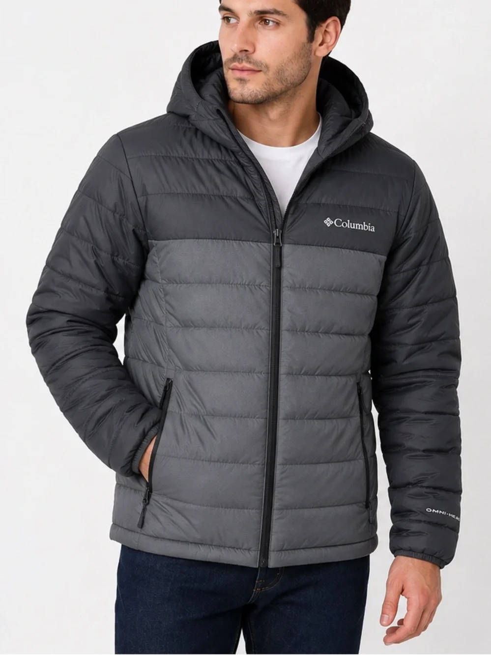 Columbia Omni-Heat Hooded Puffer Jacket Men's Size Medium Black Gray Full Zip
